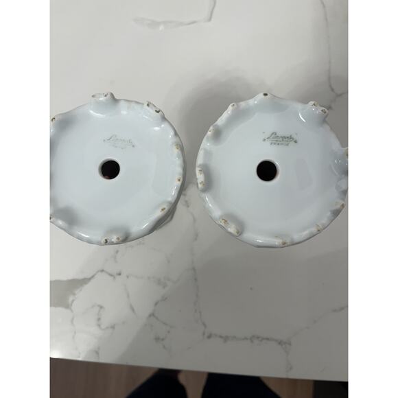 Limoges France Porcelain Candle Holders/Sticks White Gold Trim Floral Pair 2 Vtg - Picture 4 of 5